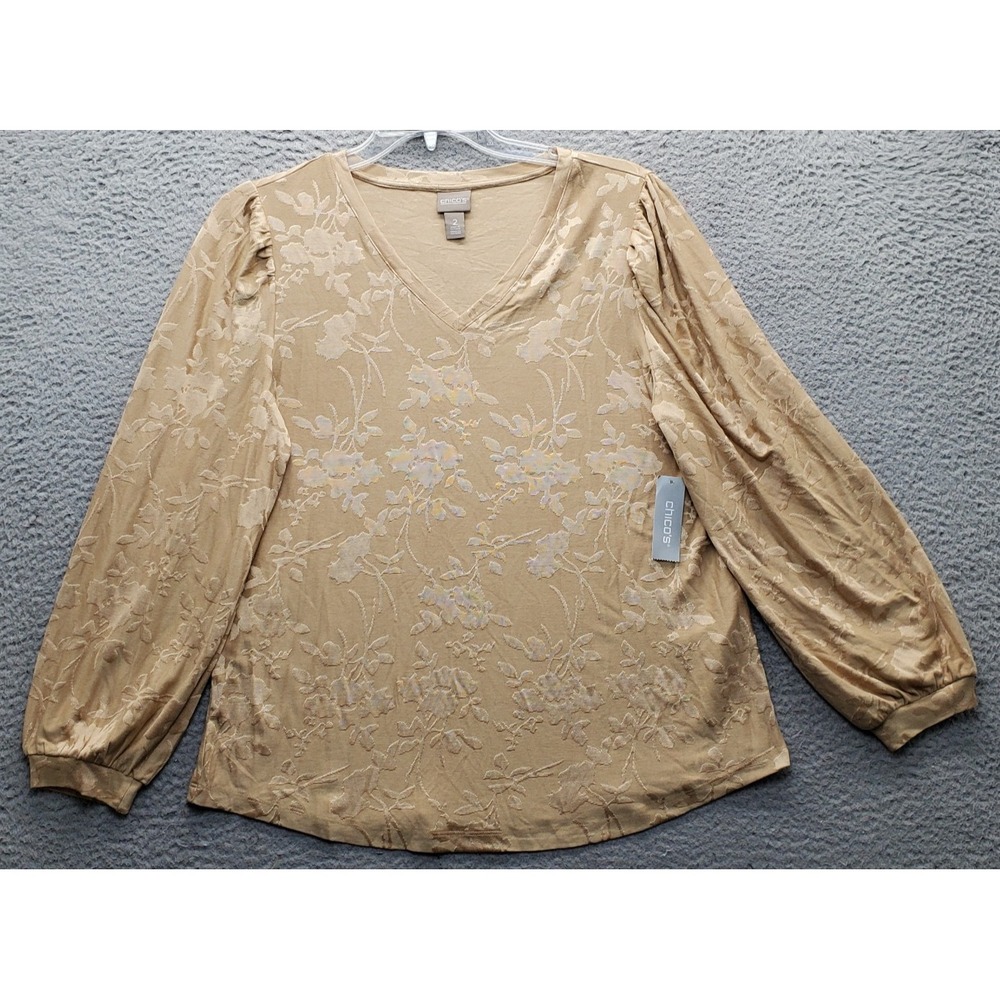 Chico's Blouse Top Womens L Brown Jacquard Floral Stretch Bishop Sleeve Elegant